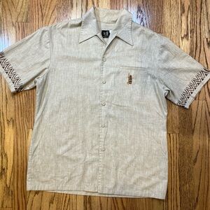 Vintage 60s Liberty House Lolani Hawaiian Aloha Tiki  Tribal Print Shirt Sz L